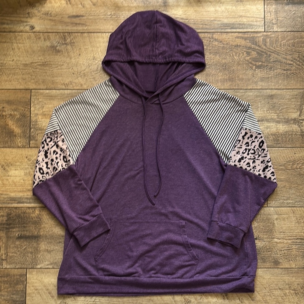 Purple Hoodie with Striped and Leopard Sleeves